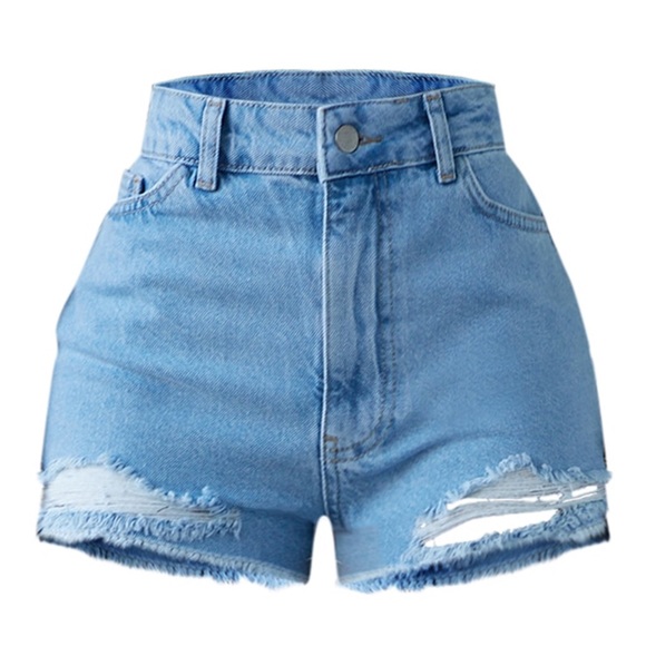 PRETTYLITTLETHING Shape Bleach Wash Ripped Hem Denim Shorts - Picture 6 of 10